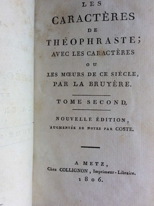 Les Caractères de Théophraste, traduits du grec... 2 volumes ( obra completa ). Ano 1806
