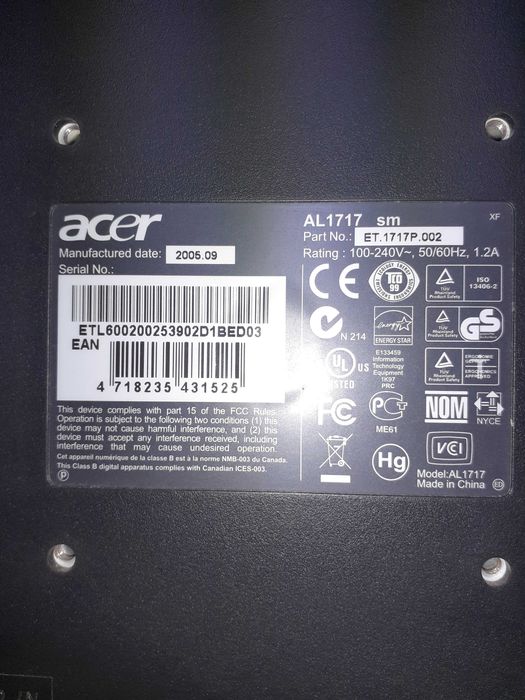 Monitor ACER AL1717, avariado para peças.