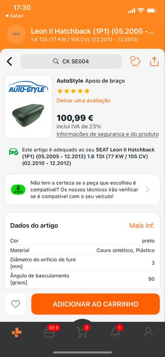 Apoio de braço seat leon 1p