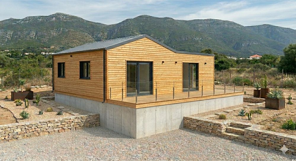 Montagem de casas pré-fabricadas, fabrico de laje radier ou estrutura elevada em madeira ou caixa de ar em betão térmico.