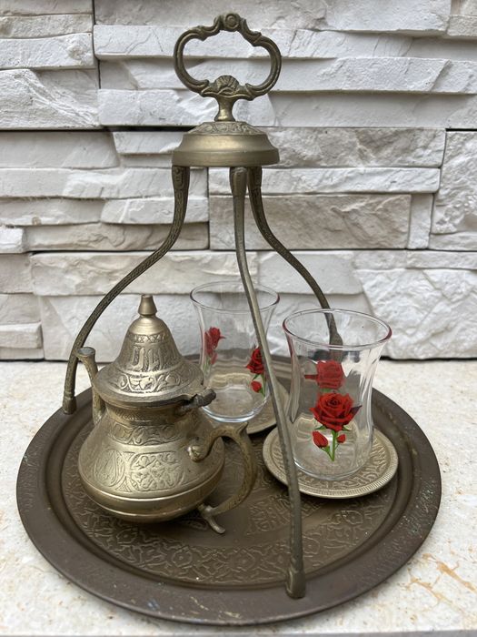 Stary mosiężny arabski zestaw do herbaty czajnik taca z mosiądzu
