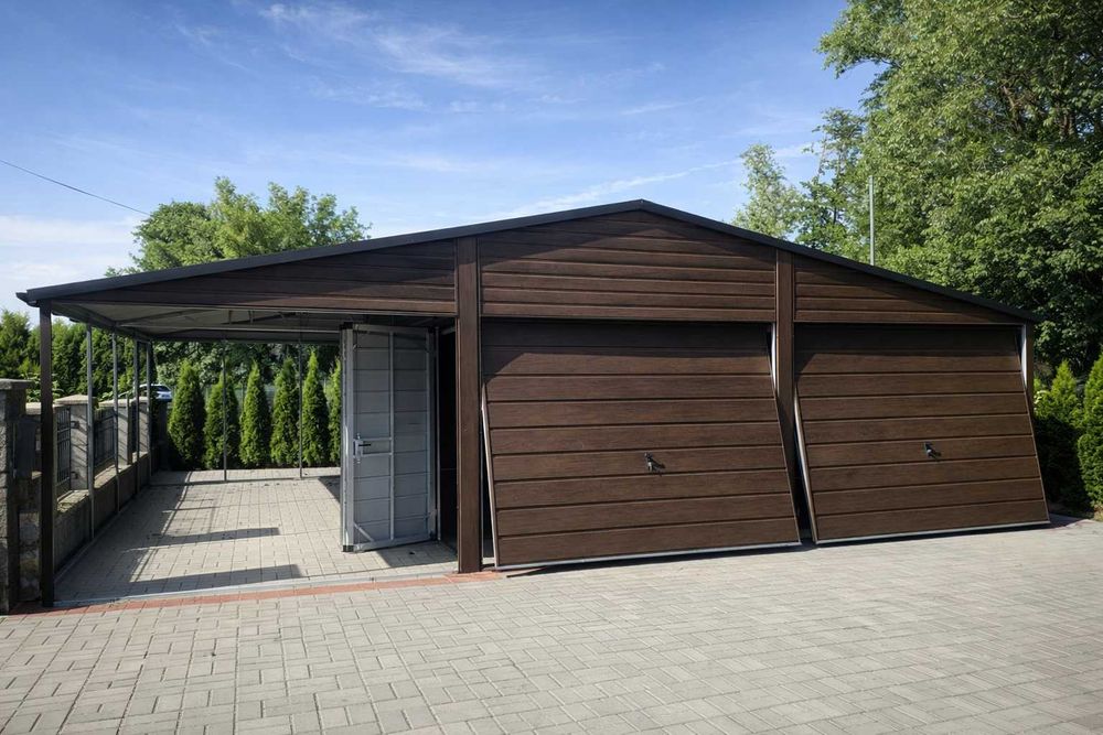 Garaż blaszany dwustanowiskowy 6x7 z wiatą 3m Ciemny Orzech PREMIUM