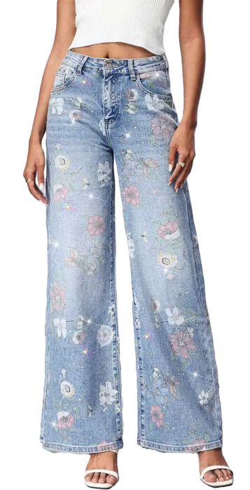 M.SARA jeansy niebieskie kwiaty cyrkonie L 40