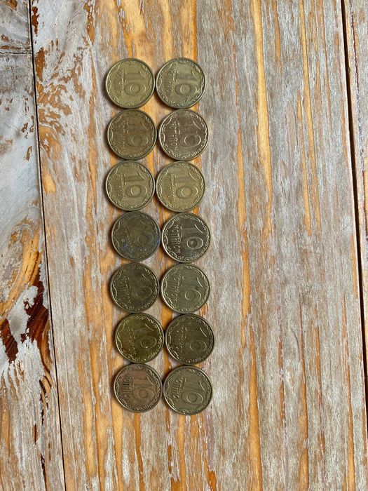 Монети України: 1, 2, 5, 10, 25, 50 копійок 1, 2, 5, 10 гривень копійк