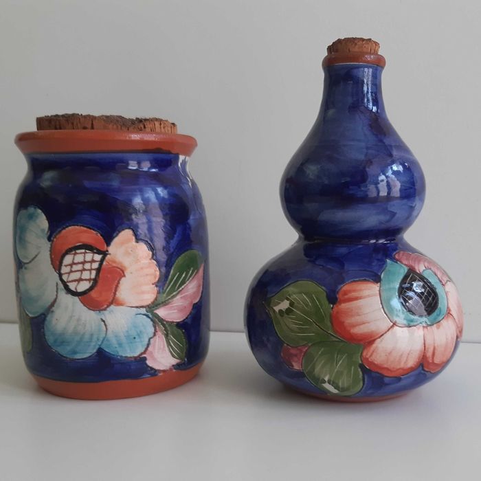 2 Peças Barro Artesanal Pintado á Mão Portugal Pote e Cabaça