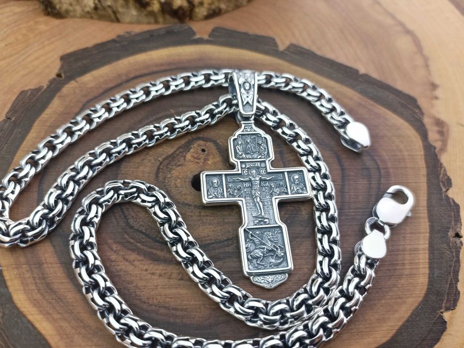 Серебряная цепочка Бисмарк и серебряный крест. Ланцюг Бісмарк хрест