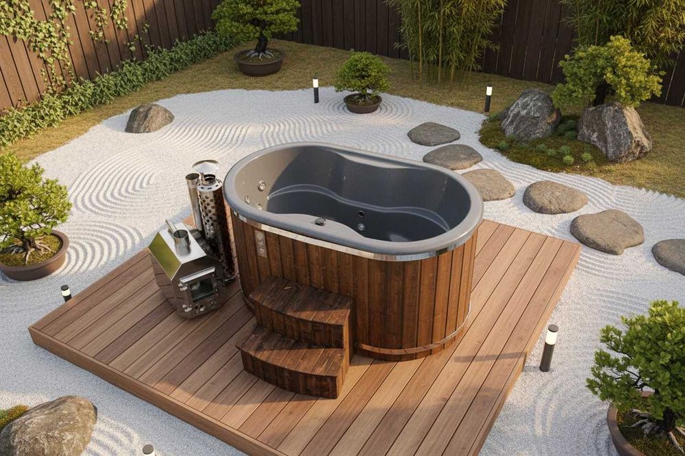 Balia ogrodowa Ofuro dwuosobowa jacuzzi hydromasaż bania piec drewno