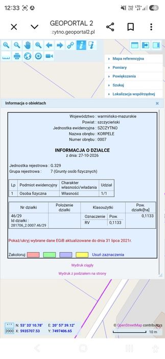 Działka 46/29 obręb Korpele