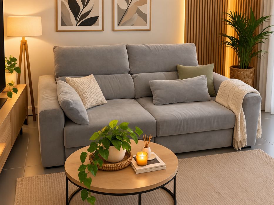 Sofa em tecido cinzento com dois lugares que se transforma em chaise longue