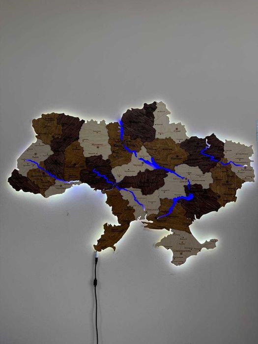 Мапа України з дерева з підсвіткою річок карта Украины на стену декор