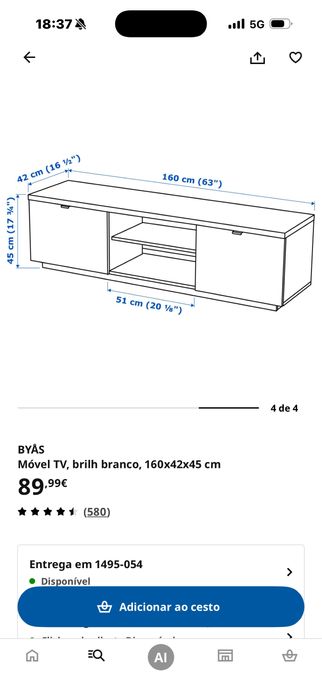 Móvel TV IKEA BYÅS branco brilho – muito bom estado