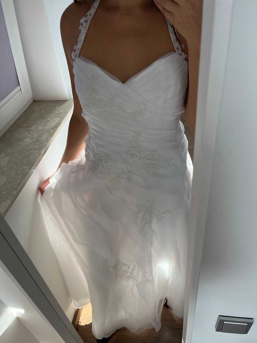 Suknia ślubna z koronką i ramiączkami lekka, romantyczna rozmiar S-M