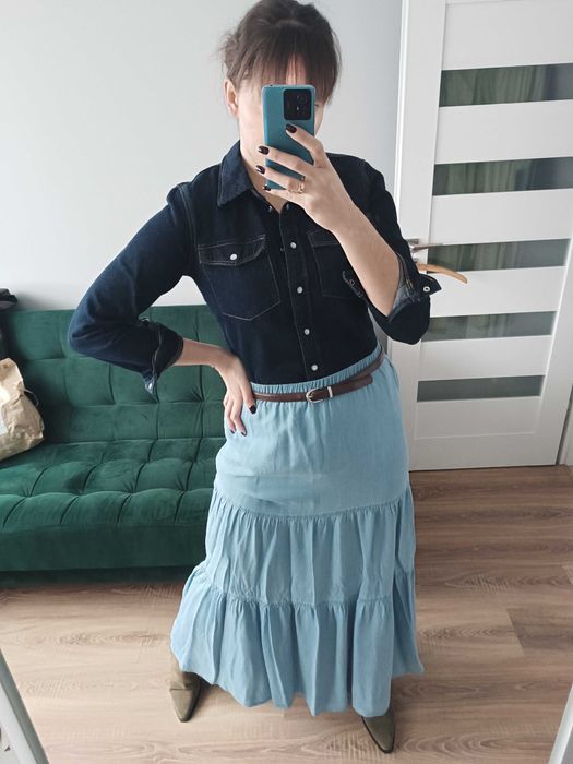 Spódnica długa maxi jeansowa falbany falbanki
