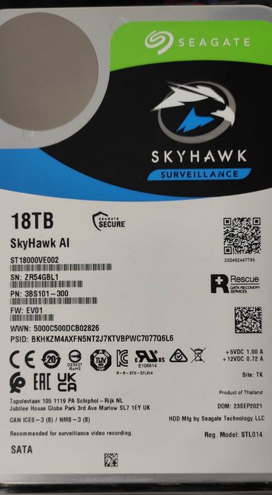 Жесткий диск Seagate SkyHawk Al HDD 18 TB 7200 rpm 256 MB ST18000VE002