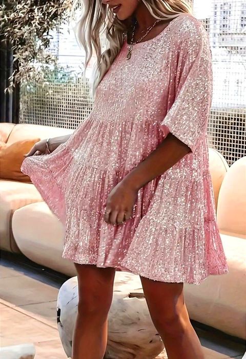 NOWA cudna sukienka z cekinów r. 5 XL - bal, wesele, impreza - różowa