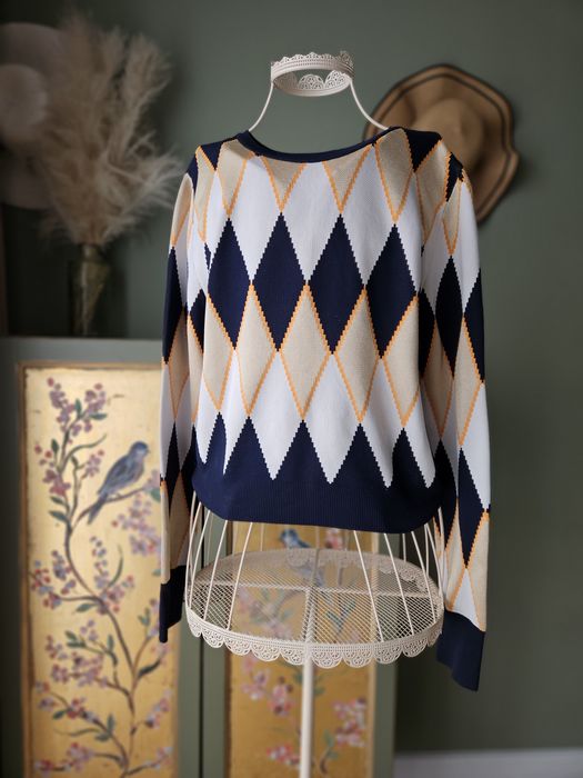 Zara Sweter damsk styl retro vintage Romby Argyle Granat Beż M Krótki