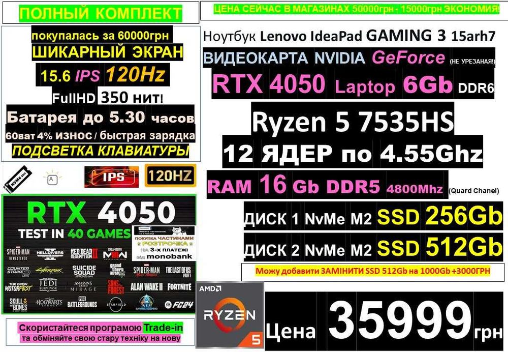 є90 Ноутбуків‼️Treid-In‼️НОВЫЙ Lenovo‼️RTX4050 6Gb‼️SSD 768Gb/RAM 16Gb