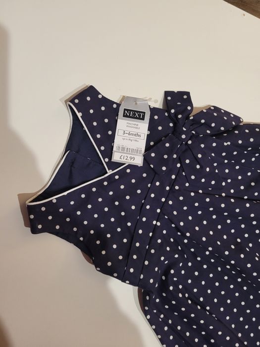 Sukienka 3-6 MC granatowa z groszki wiązana kokarda