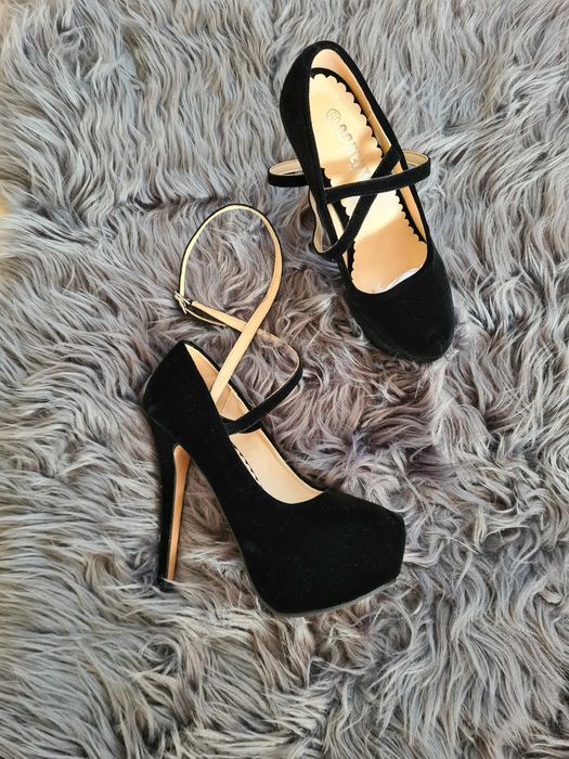 X68 Czółenka na wysokim obcasie platforma pasek szpilki zamsz 23,5cm