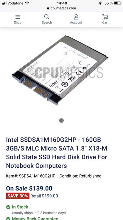 Жесткий диск ssd 160GB 3GB/s MLC Micro SATA 1.8"