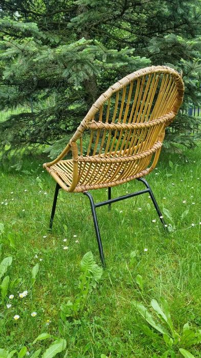 2x fotel rattanowy stolik l 60 Mid Century Design Czechosłowacja PRL