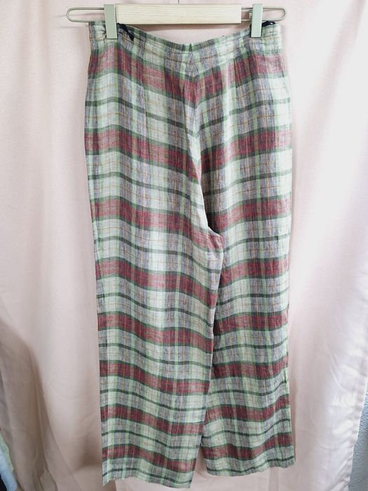 Spodnie lniane len vintage retro S 36 kratka krata