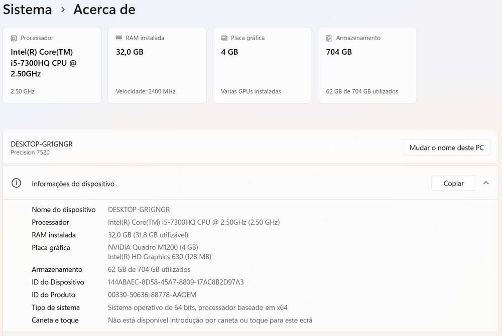 Dell Precision 7520 Workstation Móvel Profissional | i5 | 32GB RAM | 256GB SSD + 500GB HDD | NVIDIA Quadro M1200 4GB + Oferta Dock PR03X E-Port