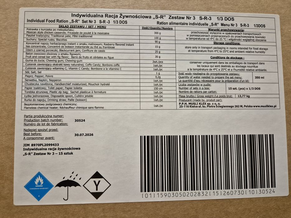 Sprzedam Racja żywnościowa SR 3 POTRAWKA Z KURCZAKA 8 szt