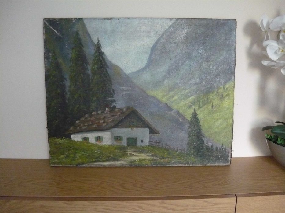 Stary obraz olejny sygnowany z 1943 r wiejski domek na tle gór