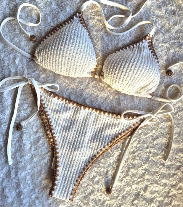 Bicolor 3d Coco white L 90B/85C/80D brazyliany śmietankowy brązowy z obszyciem boho haftowany ecru kremowy Vanilla girl