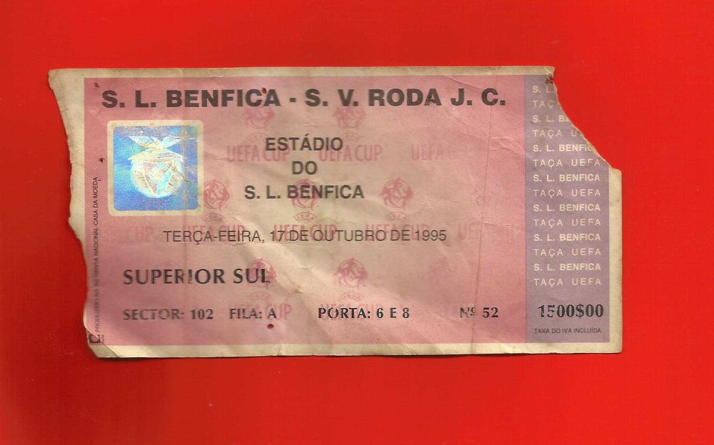 Futebol - UEFA CUP 1995 - BENFICA - RODA J. C. - bilhete