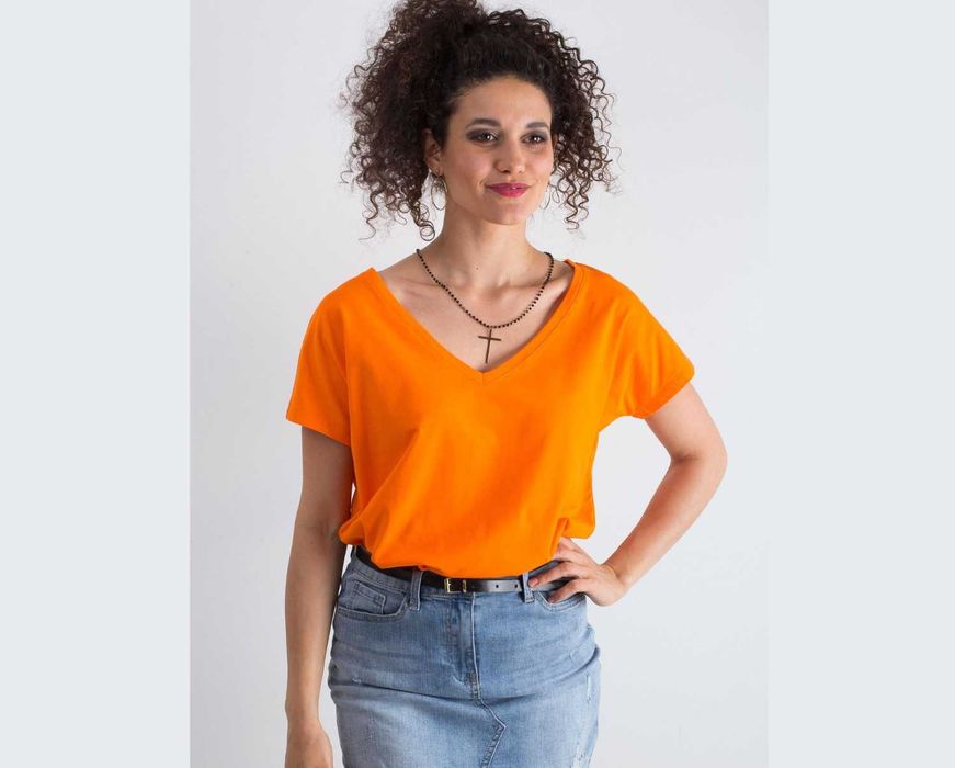 -> Pomarańczowy t-shirt damski Emory – dekolt V – Rozmiar “S” – Marki: BASIC FEEL