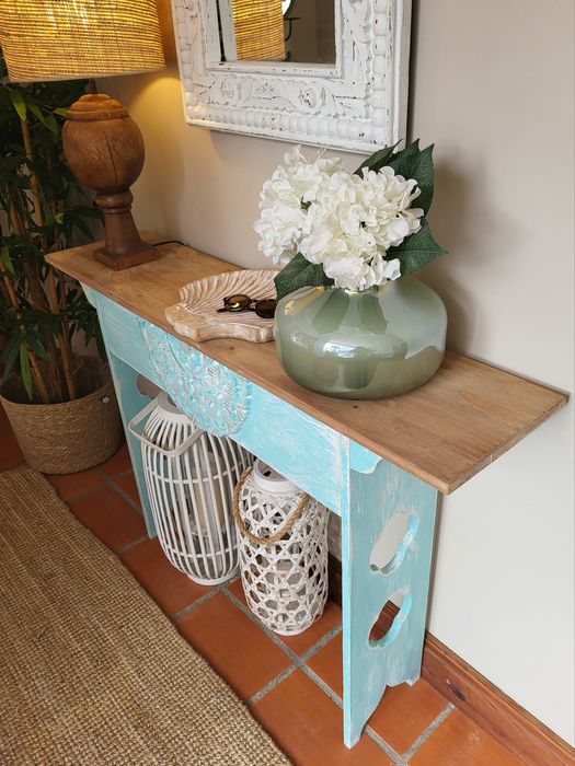 aparador, consola, mesa, azul, talha, decoração, rustico