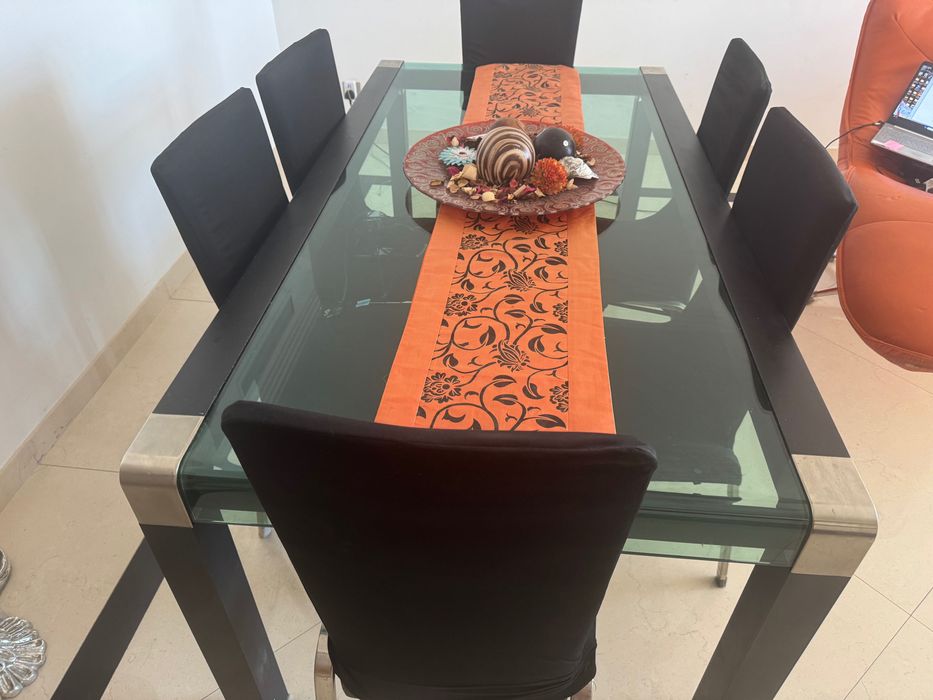 Mesa de jantar de luxo em vidro + 6 cadeiras