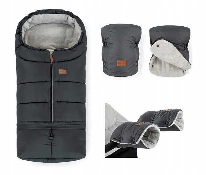 Długi śpiworek do wózka i na sanki + mufki na ręce Petite Mars GREY