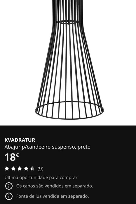 Candeeiro de Teto IKEA KVADRATUR com Cabo de Luz Incluído
