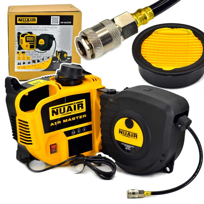 bezolejowy kompresor ścienny Nuair 8bar z wężem samozwijającym