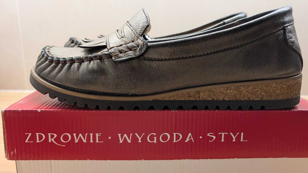 Mokasyny skórzane, miedziane, rozm. 39, Helios komfort