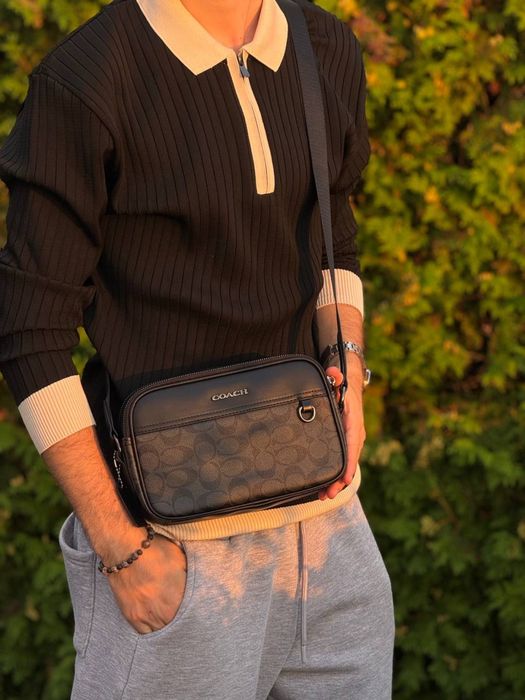 Сумка Coach New York через плечо мужская кожаная сумка Коач Нью Йорк черная спортивная | Сумка Коач барсетка Коуч чоловіча сіра месенджер шкіряний