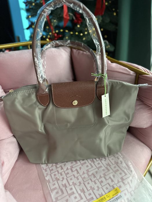 Torebka Damska Longchamp Le Pliage S Mała Szara Taupe Nylon Skóra Nowa