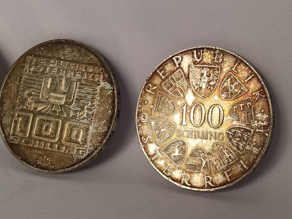 Prata Áustria 100 Schillings, de 1975 a 1979 RARO PATINA COLORIDA