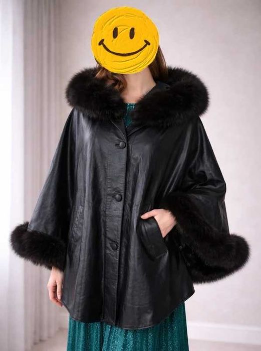 Skórzane ponczo z futerkiem vintage 42-44