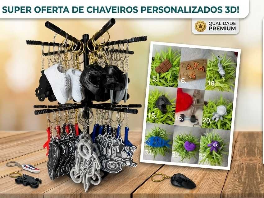 Kit 80 Chaveiros + Suporte Giratório