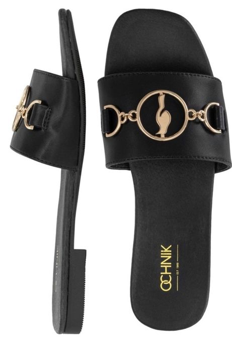 Nowe skórzane klapki Ochnik z złotą klamrą