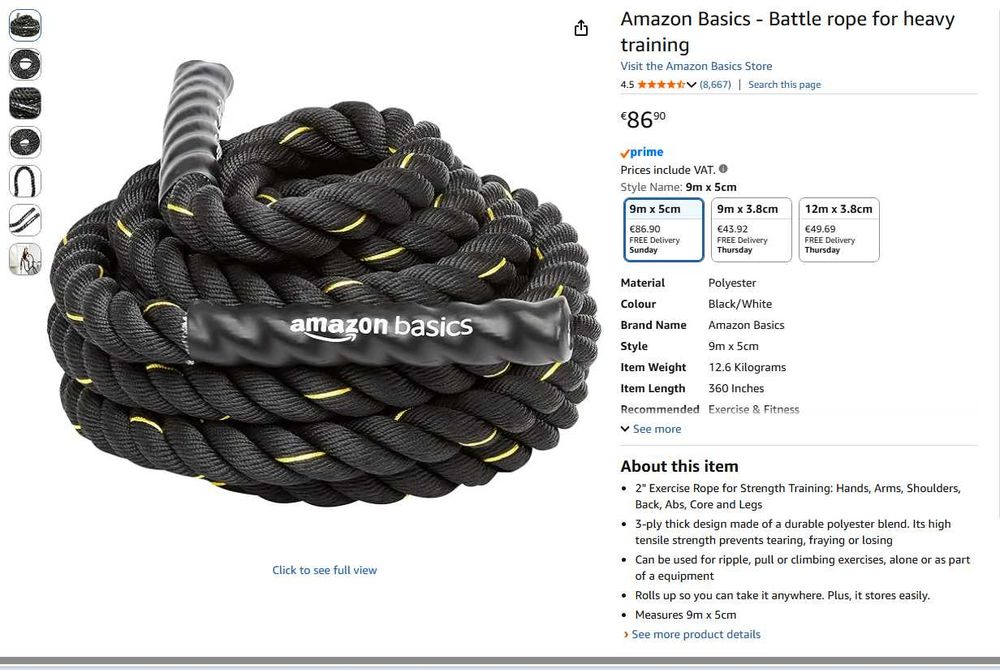 Corda de treino / Slam Rope / Batte Rope Amazon Basics 9m x 5 cm como nova