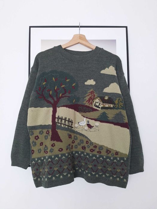 Sweter damski męski okrągły dekolt zielony khaki vintage Italy