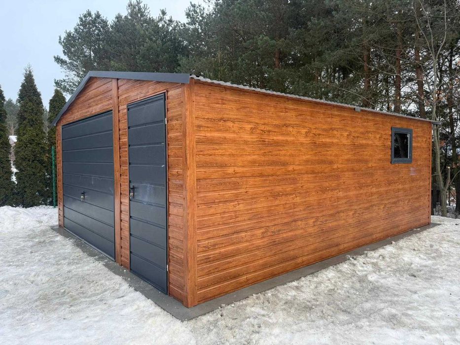 Garaż Blaszany 5x6 Drewnopodobny Złoty Dąb Grafit  + Drzwi PRODUCENT