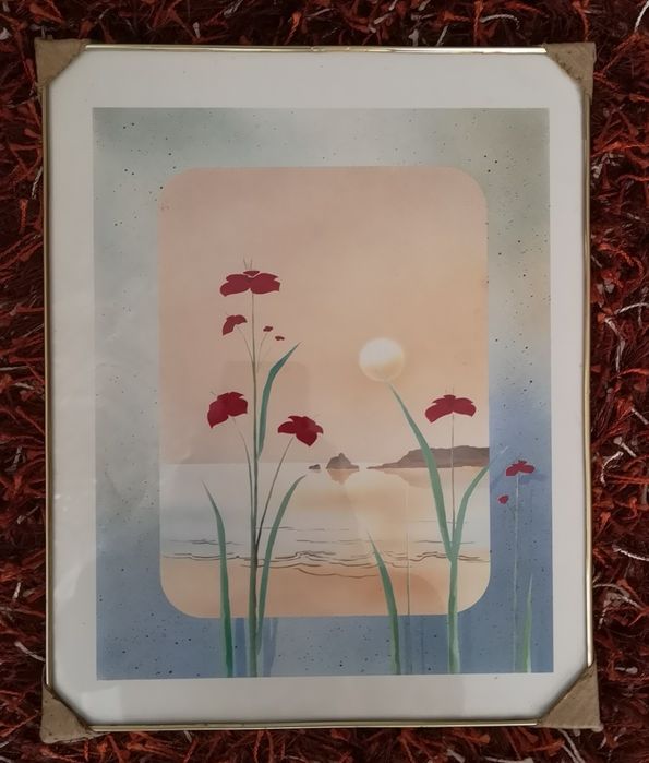 Quadro paisagem , beira mar,por do sol ,flores