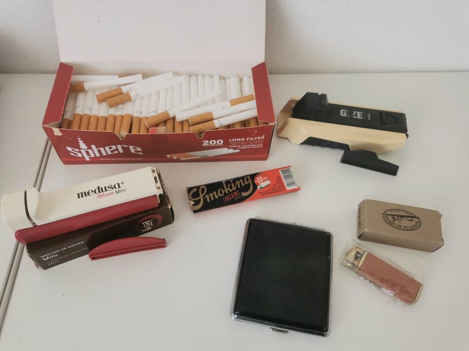 Máquinas de encher cigarros+ tubos+ isqueiro+murtalha + porta cigarros