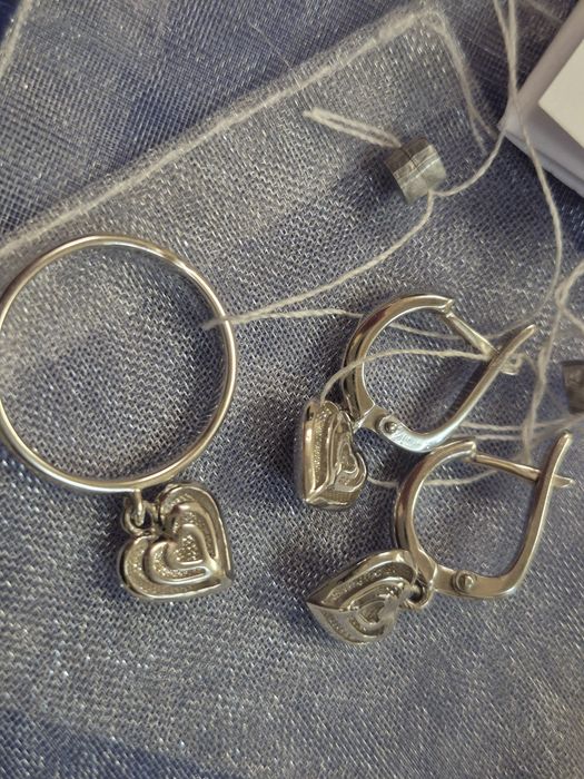 Сережки, каблучка срібло, сердечко, срібний комплект